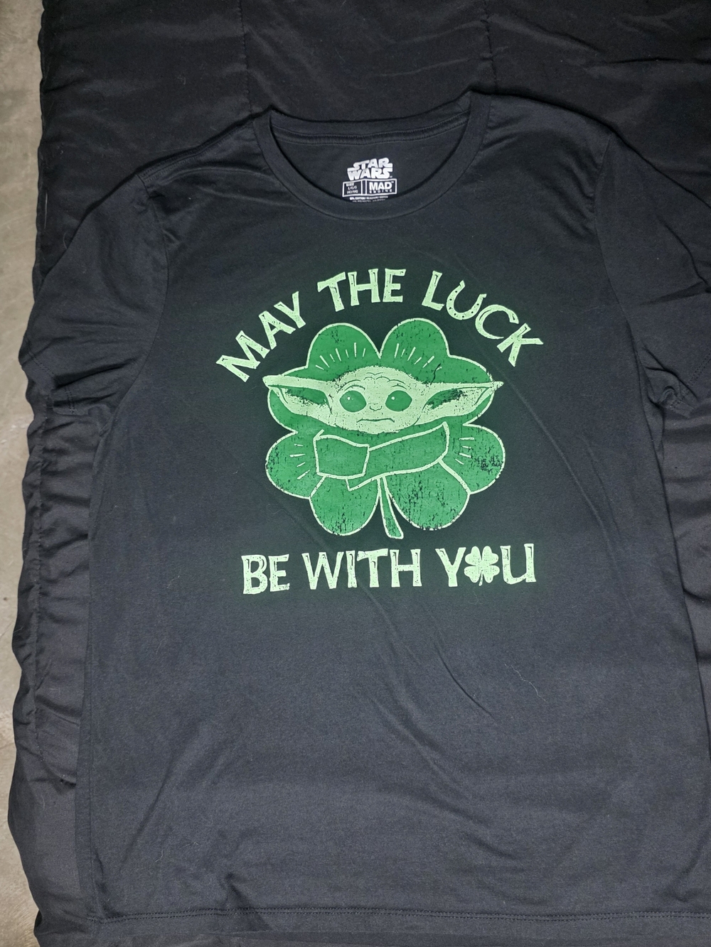 MAD Engine Black Tee with Grogu Shamrock Graphic, Star Wars Mandalorian